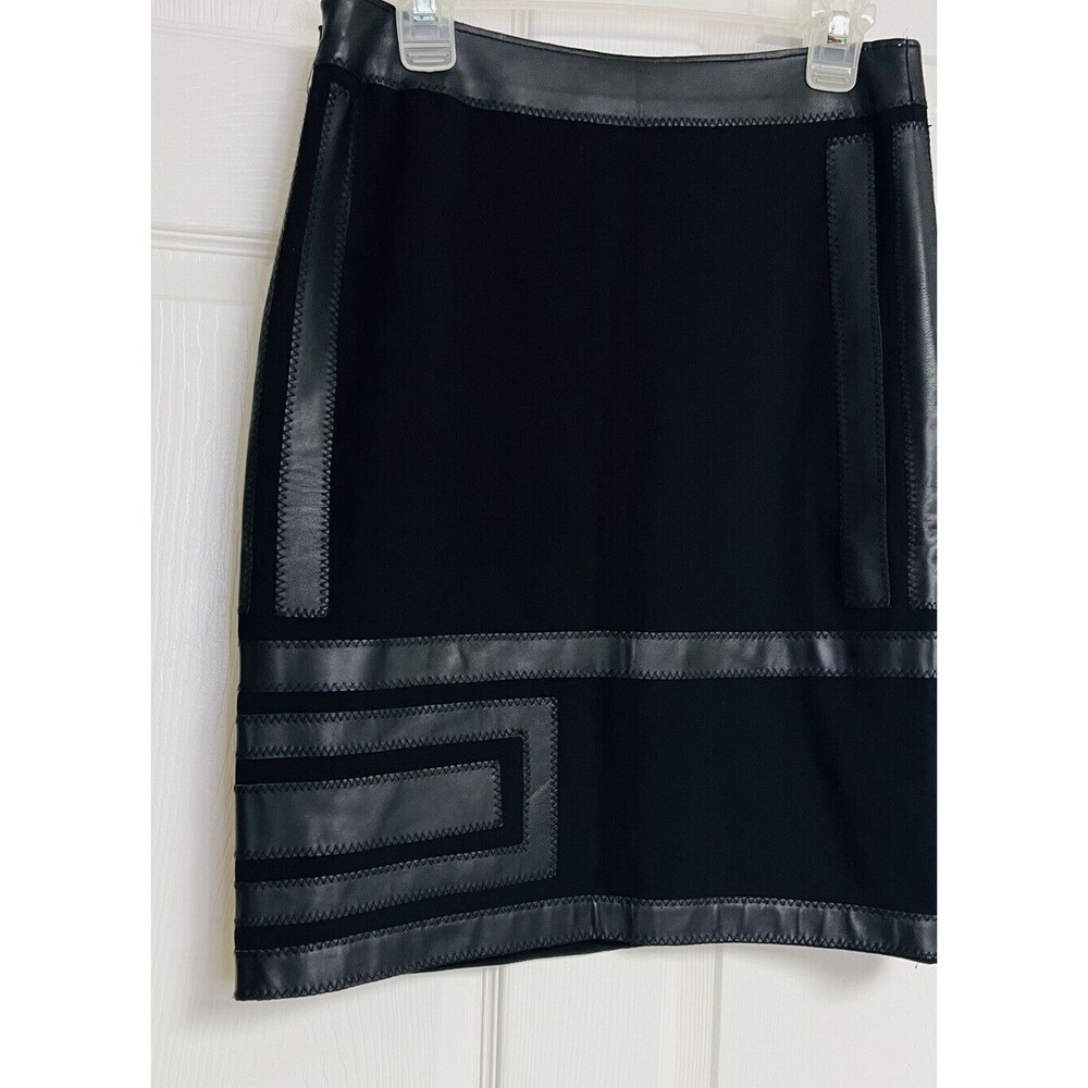 Etcetera Women Size 2 Black Leather Trim Skirt Side Zip Career Business - Picture 3 of 8